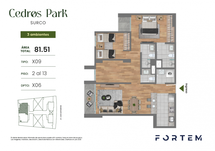 Plano del modelo TD-X09 del proyecto CEDROS PARK en Santiago De Surco