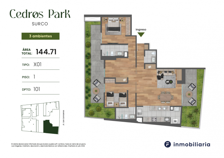 Plano del modelo TD-X01 del proyecto CEDROS PARK en Santiago De Surco