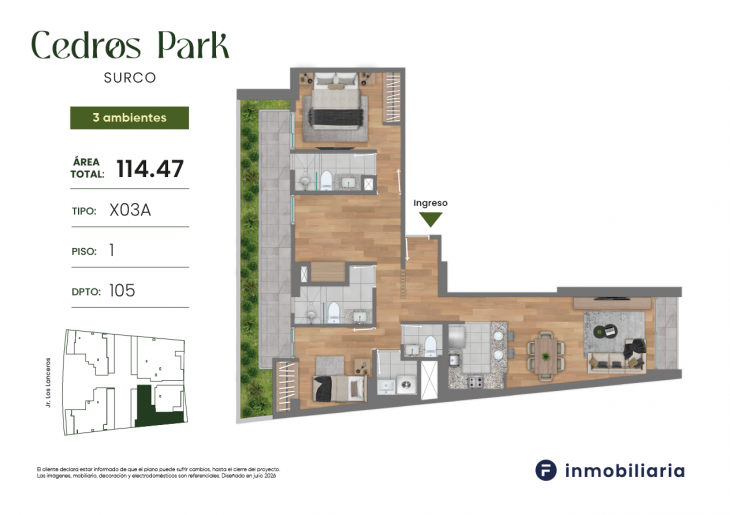 Plano del modelo TD-X03A del proyecto CEDROS PARK en Santiago De Surco