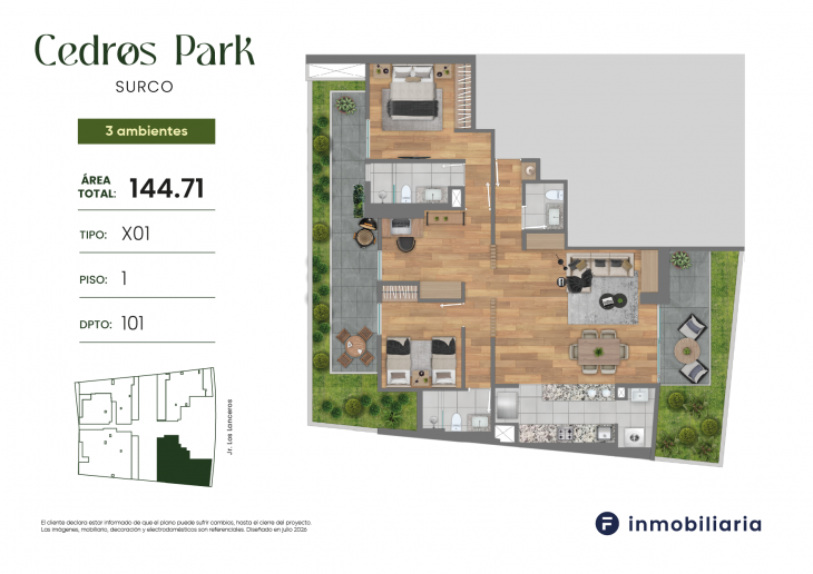 Plano del modelo TD-X01 del proyecto CEDROS PARK en Santiago De Surco