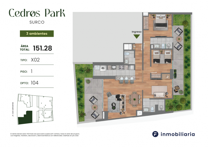 Plano del modelo TD-X02 del proyecto CEDROS PARK en Santiago De Surco