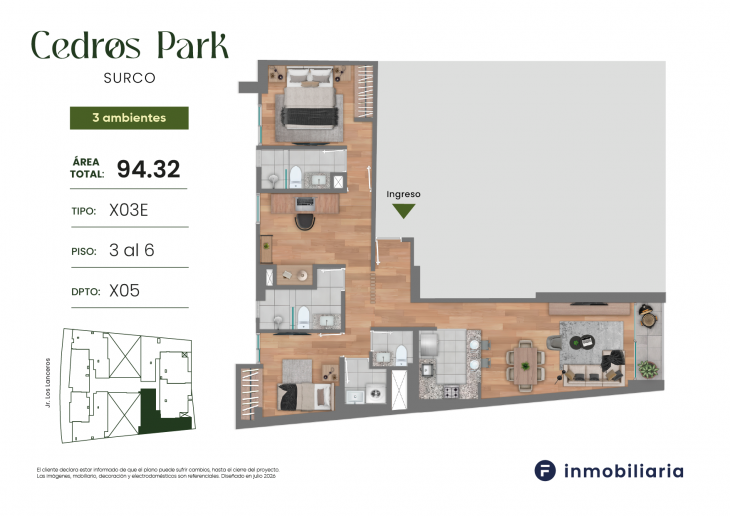Plano del modelo TD-X03E del proyecto CEDROS PARK en Santiago De Surco