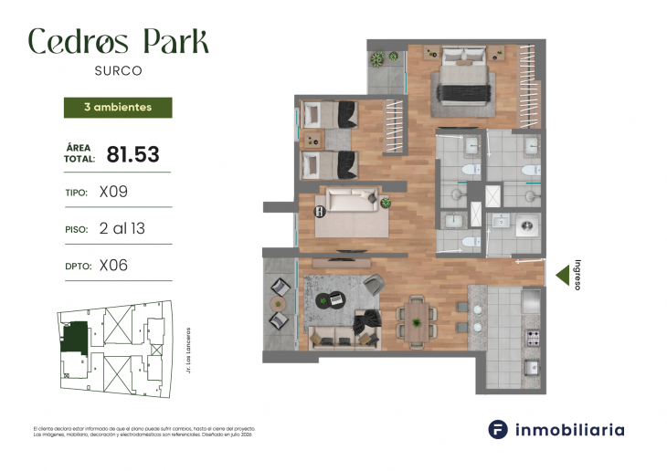 Plano del modelo TD-X09 del proyecto CEDROS PARK en Santiago De Surco