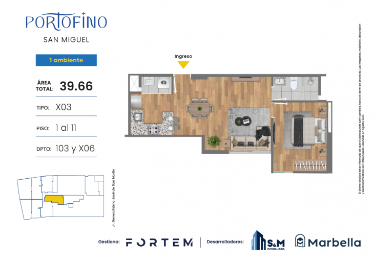 Plano del modelo TD-X03 del proyecto PORTOFINO en San Miguel