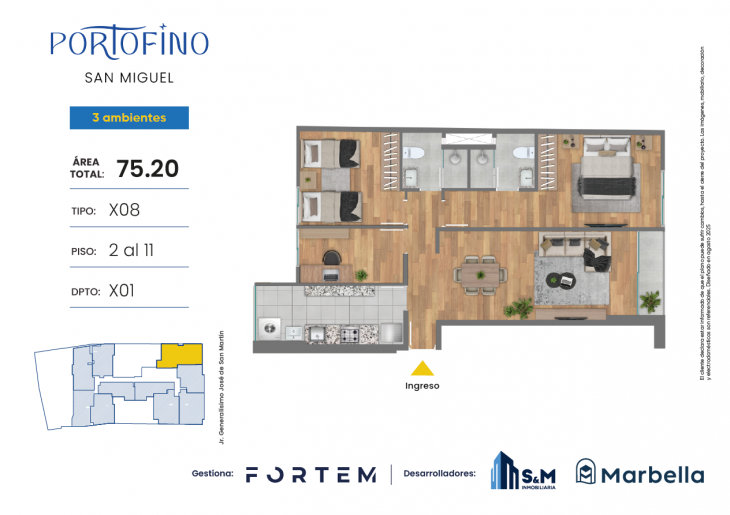 Plano del modelo TD-X08 del proyecto PORTOFINO en San Miguel