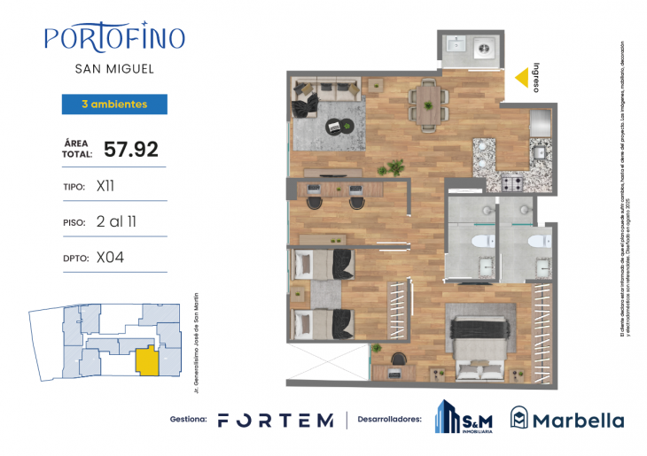 Plano del modelo TD-X11 del proyecto PORTOFINO en San Miguel