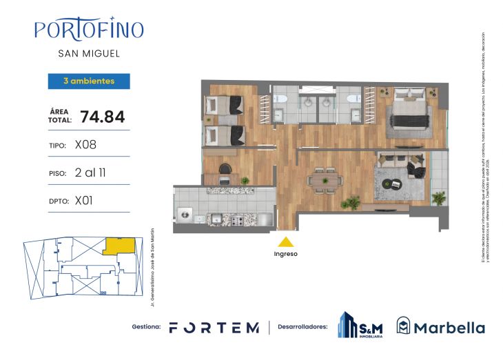 Plano del modelo TD-X08 del proyecto PORTOFINO en San Miguel