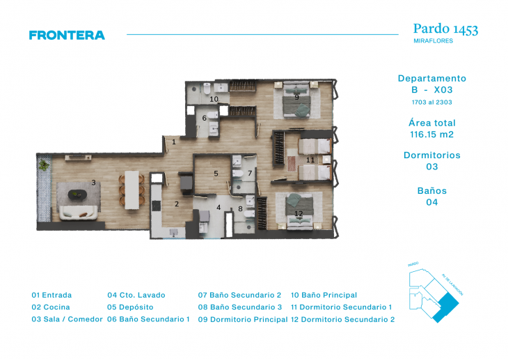 Plano del modelo BX3 del proyecto Pardo 1453 en Miraflores
