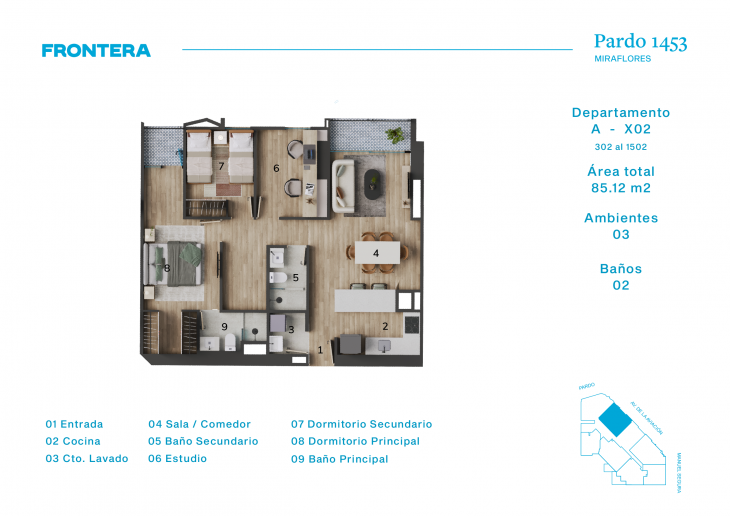Plano del modelo AX2 del proyecto Pardo 1453 en Miraflores