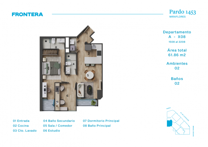 Plano del modelo AX8 del proyecto Pardo 1453 en Miraflores