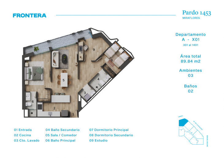 Plano del modelo AX1 del proyecto Pardo 1453 en Miraflores