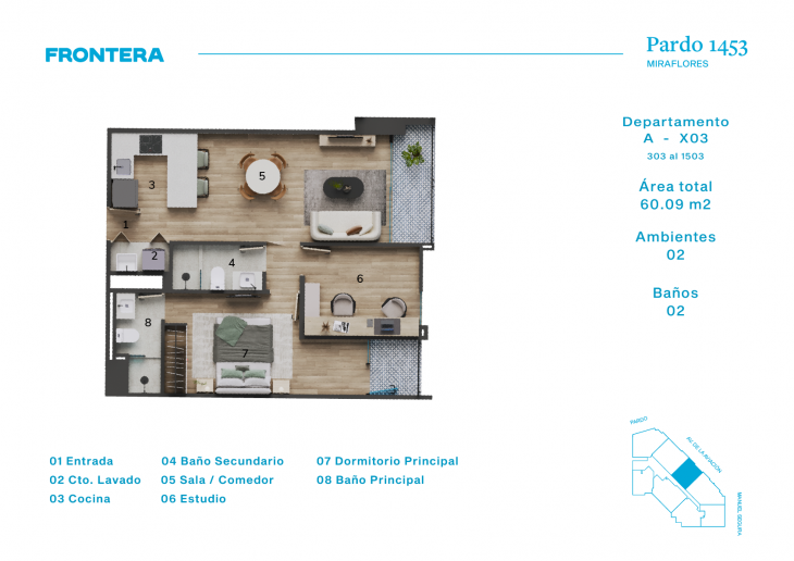Plano del modelo AX3 del proyecto Pardo 1453 en Miraflores