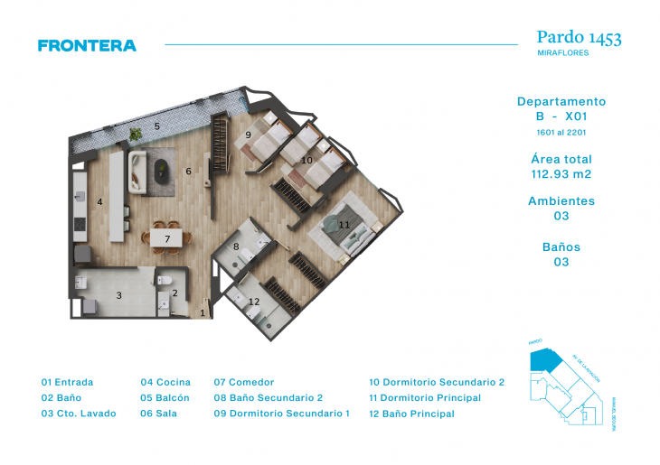 Plano del modelo BX1 del proyecto Pardo 1453 en Miraflores