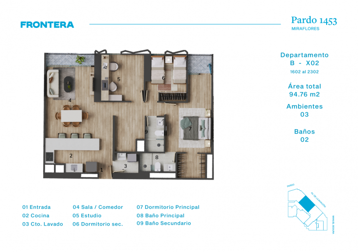 Plano del modelo BX2 del proyecto Pardo 1453 en Miraflores