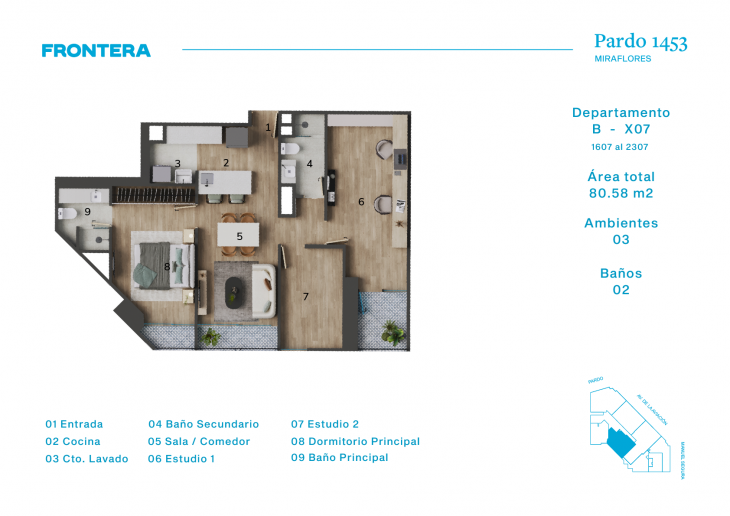Plano del modelo BX7 del proyecto Pardo 1453 en Miraflores