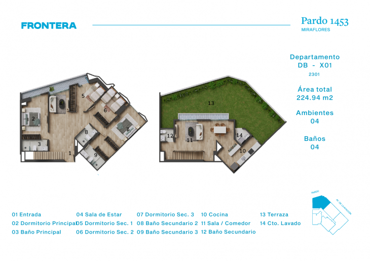 Plano del modelo DBX1 del proyecto Pardo 1453 en Miraflores
