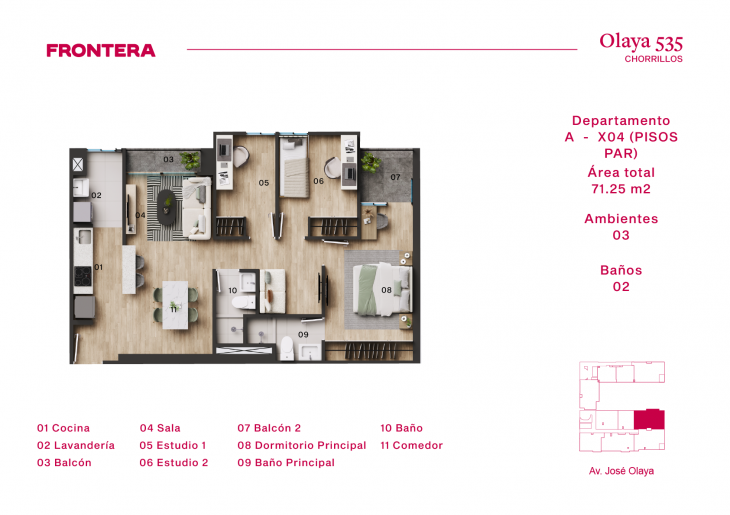 Plano del modelo A-X4-P del proyecto Olaya 535 en Chorrillos