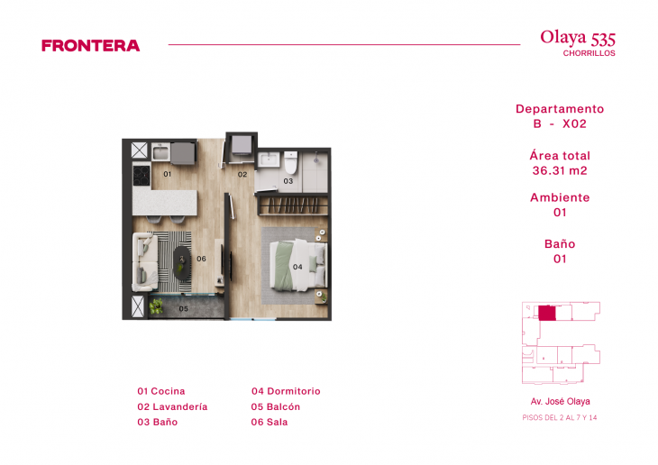 Plano del modelo B-X2 del proyecto Olaya 535 en Chorrillos