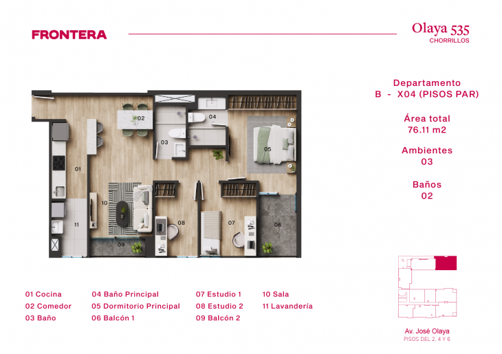 Plano del modelo B-X4-P del proyecto Olaya 535 en Chorrillos