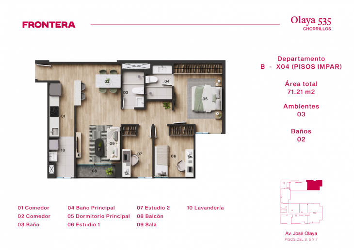 Plano del modelo B-X4-I del proyecto Olaya 535 en Chorrillos