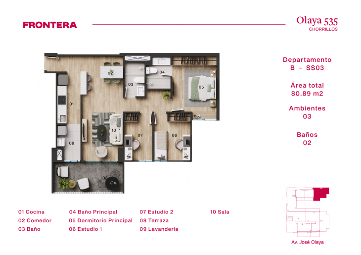 Plano del modelo B-SS03 del proyecto Olaya 535 en Chorrillos