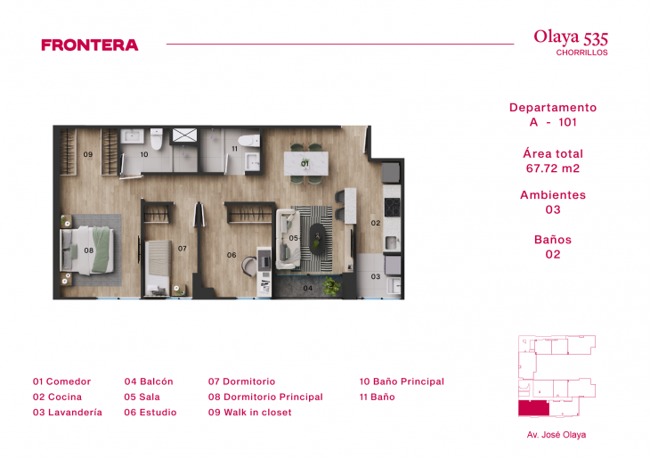 Plano del modelo A-101 del proyecto Olaya 535 en Chorrillos
