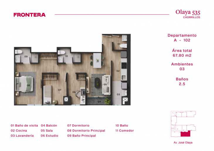 Plano del modelo A-102 del proyecto Olaya 535 en Chorrillos