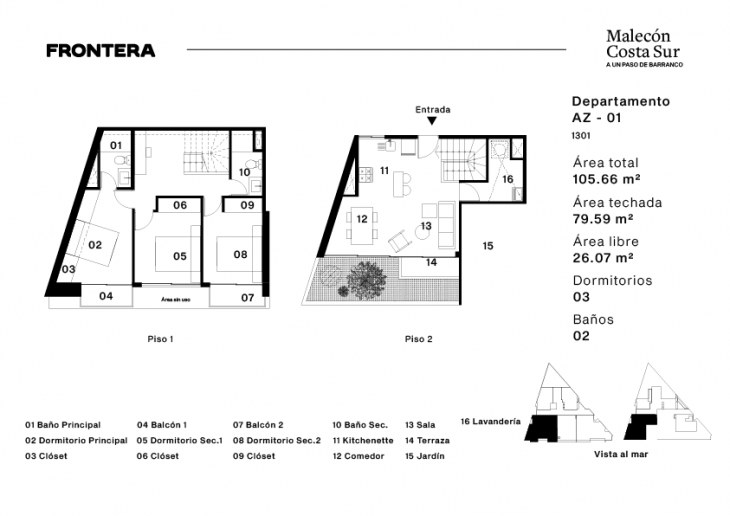 Plano del modelo AZ01 del proyecto Malecón Costa Sur 658 en Chorrillos