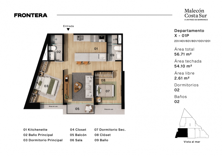 Plano del modelo X01P del proyecto Malecón Costa Sur 658 en Chorrillos