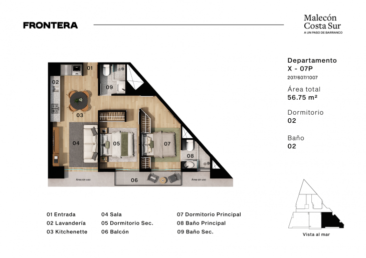Plano del modelo X07P del proyecto Malecón Costa Sur 658 en Chorrillos