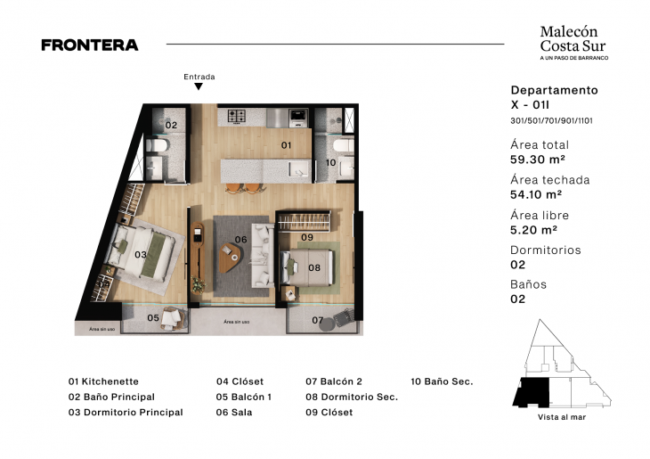 Plano del modelo X01I del proyecto Malecón Costa Sur 658 en Chorrillos