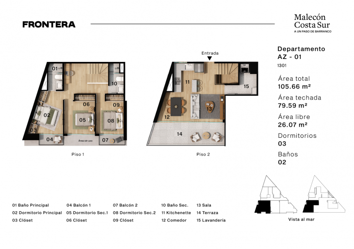 Plano del modelo AZ01 del proyecto Malecón Costa Sur 658 en Chorrillos