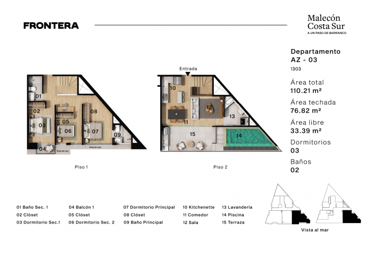 Plano del modelo AZ03 del proyecto Malecón Costa Sur 658 en Chorrillos