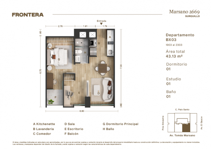 Plano del modelo BX03 del proyecto Marsano 2669 en Surquillo