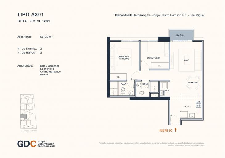 Plano del modelo A X01 del proyecto Park Harrison en San Miguel