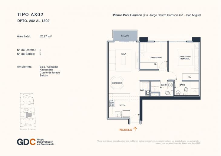 Plano del modelo A X02 del proyecto Park Harrison en San Miguel