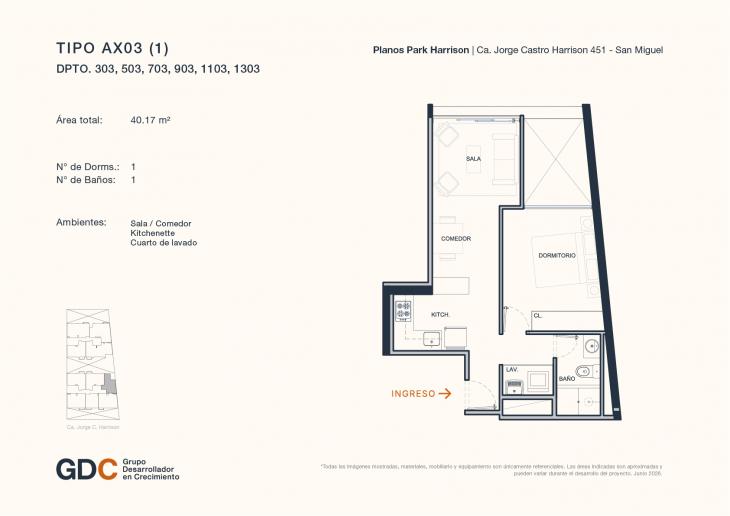 Plano del modelo A X03 (1) del proyecto Park Harrison en San Miguel