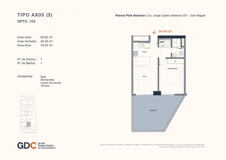 Plano del modelo A X03 (3) del proyecto Park Harrison en San Miguel