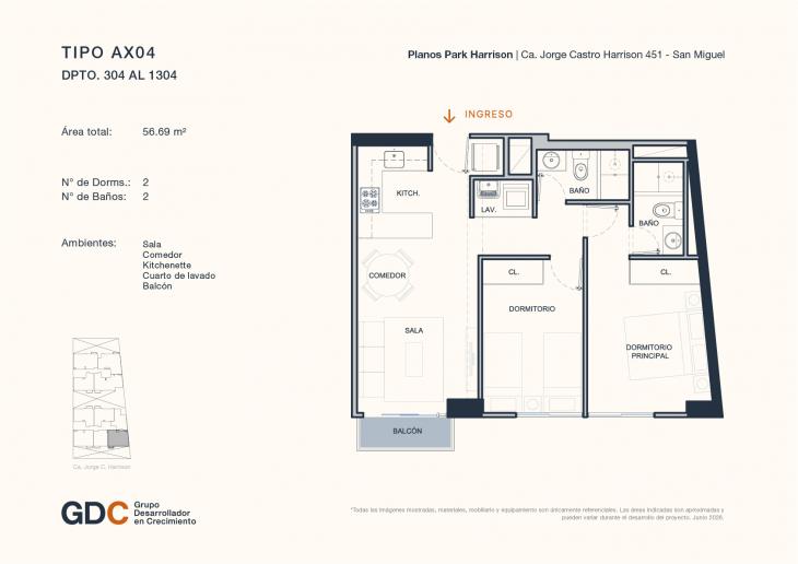 Plano del modelo A X04 del proyecto Park Harrison en San Miguel