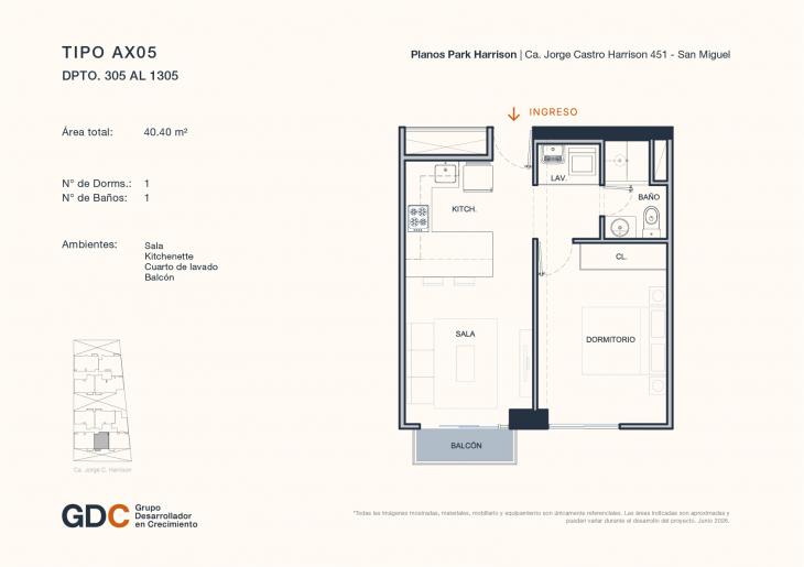 Plano del modelo A X05 del proyecto Park Harrison en San Miguel