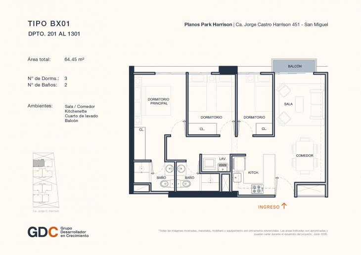 Plano del modelo B X01 del proyecto Park Harrison en San Miguel