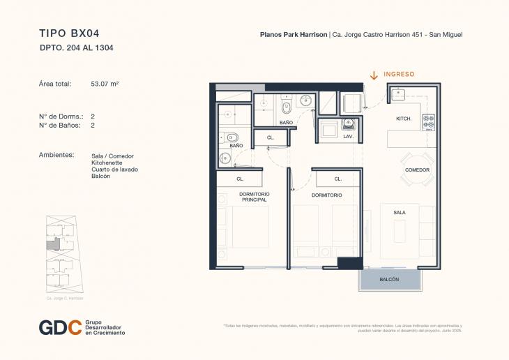 Plano del modelo B X04 del proyecto Park Harrison en San Miguel