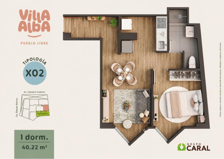 Plano del modelo 1D-1X02 del proyecto Villa Alba en Pueblo Libre