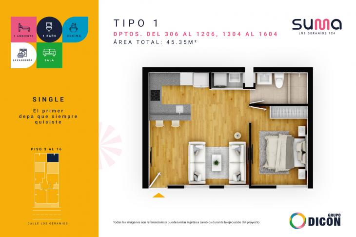 Plano del modelo TIPO 1A del proyecto SUMA LOS GERANIOS 124 en San Isidro