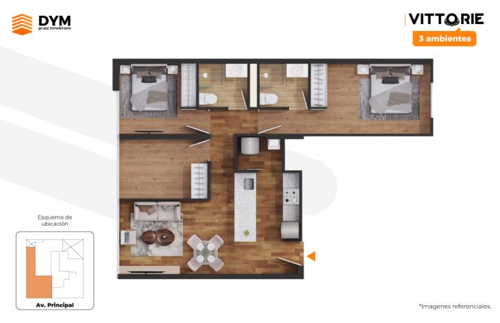 Plano del modelo 3 ambientes del proyecto VITTORIE en Surquillo
