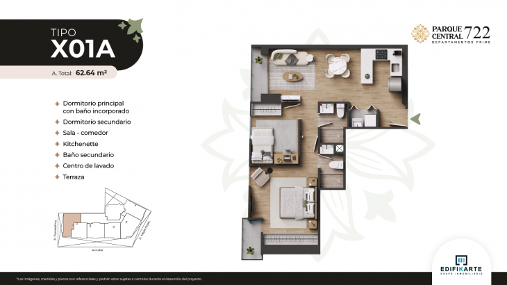 Plano del modelo Tipo X01A del proyecto Parque Central 722 en Jesus Maria
