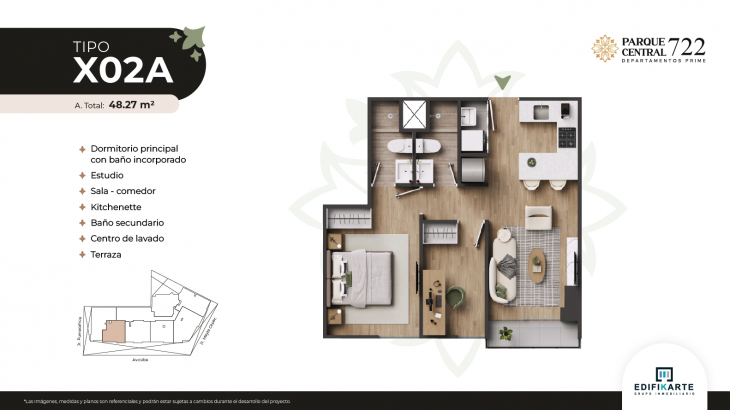 Plano del modelo Tipo X02A del proyecto Parque Central 722 en Jesus Maria