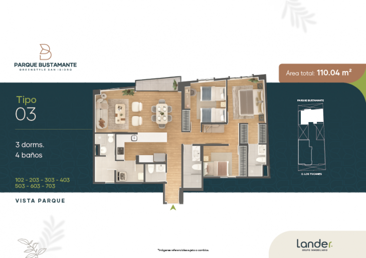Plano del modelo X03 del proyecto Parque Bustamante en San Isidro