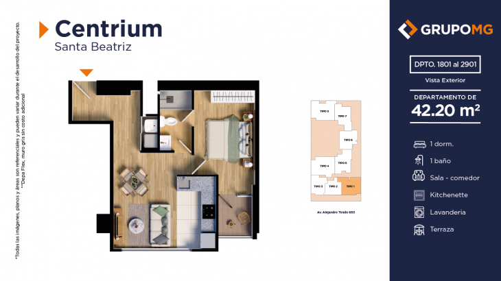 Plano del modelo 1e del proyecto CENTRIUM - SANTA BEATRIZ en Cercado De Lima