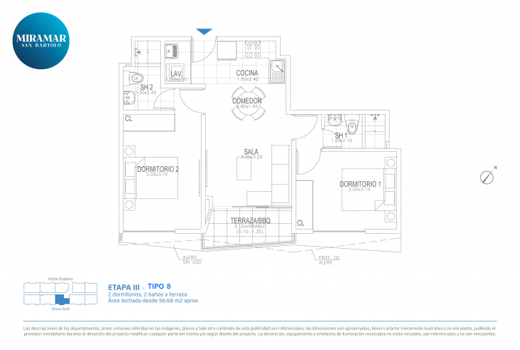 Plano del modelo Tipo 8 del proyecto Miramar Etapa III en San Bartolo